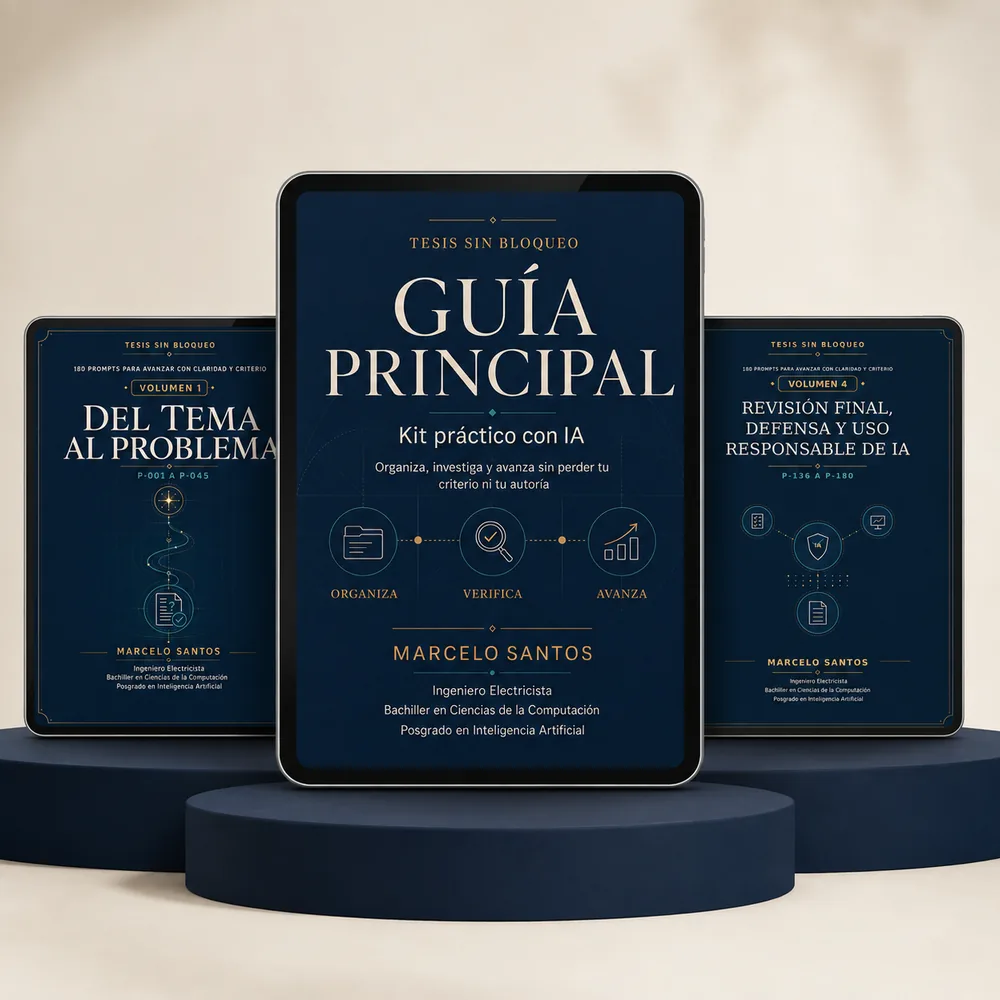 Guía principal y volúmenes de prompts del kit Tesis Sin Bloqueo en tablets