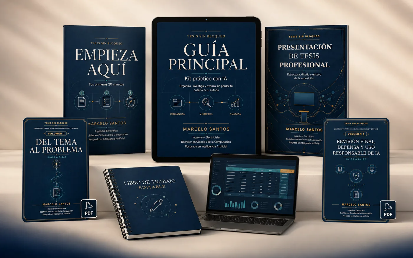Las ocho piezas del kit Tesis Sin Bloqueo mostradas en tablet, cuadernos y laptop