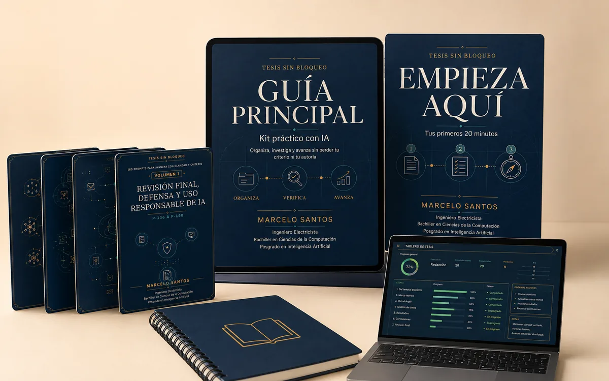 Kit Tesis Sin Bloqueo completo: guía, volúmenes de prompts, workbook y planilla de seguimiento